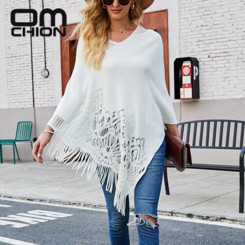 OMCHION Sueter Mujer 2021 Winter Solid Color Hollow Out Cloak Tassel Knitted Scarf Shawl Women Casual Oversized Poncho