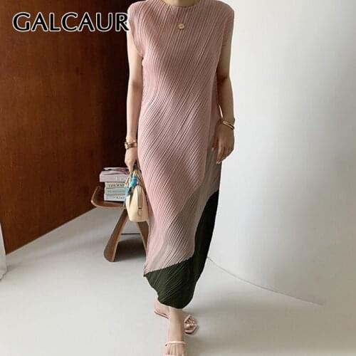 GALCAUR Pullover Straight Vintage Dress For Women O Neck Sleeveless Patchwork Hit Color Mid Dresses Female 2021 Clothing Summer