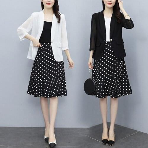 Plus Size Womens Summer Suit Jacket 2021 New Temperament Chiffon Tops Two Piece Trend Blazer And Dot Printed Skirt Outfits zh40