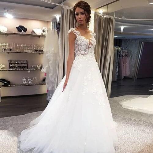 Wedding Dress Applique Bridal Gowns 2020 O Neck 3D Flower Bride Dresses White Ivory Back Button vestido de noiva Free Shipping