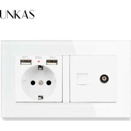 UNKAS Luxury Glass Panel EU Standard Wall Socket 2 USB Charge Port Hidden Soft LED + RJ11 Telephone and Female TV Connector
