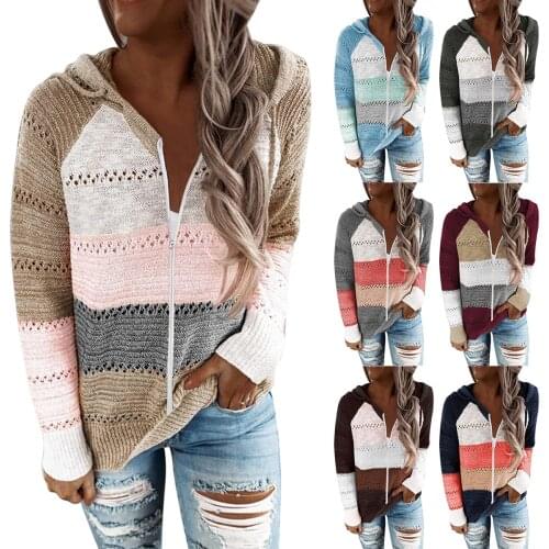 Sweaters For Women 2021 Color-blocking Zipper Hooded Knitted Striped Stitching Cardigan Winter Clothes Women MMY220235
