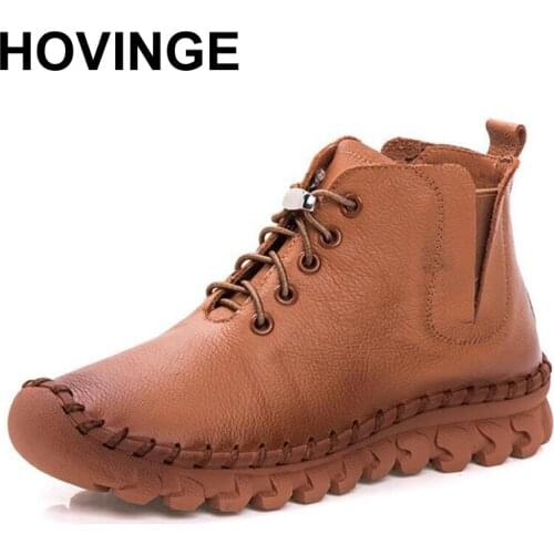 HOVINGE Autumn Winter Womens Fashion Boots 2017 New Genuine Leather Shoes Sewing Casual Botas Warm Plush Round Toe Ankle Boots