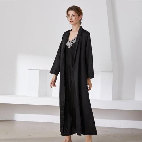 Women Satin Kimono Robe Gown Set Black Long Bathrobe Sexy V-Neck Strap Nightgown Lace Trim Sleepwear Spring Autumn Casual Pajama