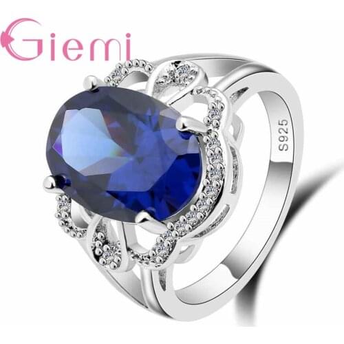 Shiny Cubic Zircon Flower Rings for Women Girls Vintage Big Oval Blue Crystal Anillos Fine 925 Sterling Silver Jewelry
