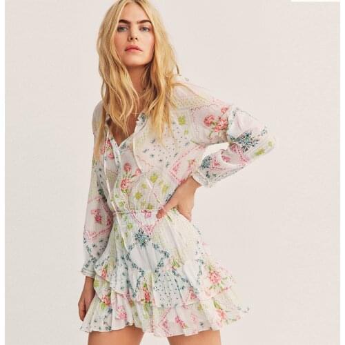 Jastie Short Sleeve V-neck Summer Dress Vintage Floral Print Women Dresses Elastic Waist Chic Ruffles Vestido Beach Mini Dresses