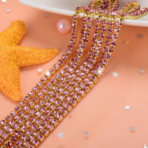 1M Bling Rose DIY Dense Gold Base Claw Crystal Rhinestones Chain For Wedding Clothing Art DecorationSew On glue on diy trim