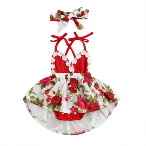 2021 Baby Girls Bodysuit with Headband Flower Print V-neck Sleeveless Strappy Bodysuit+ Bowknot Hairband Infant 0-24 Months