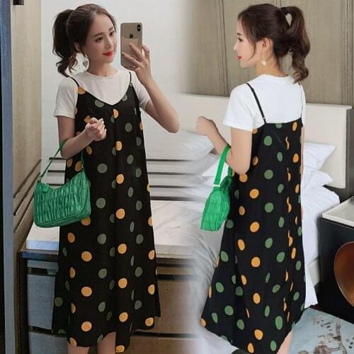 211# Maternity Clothes Summer Chiffon Short Sleeve Dot Color Block Loose Stylish Two Piece Dress for Pregnant Women Mom Dress