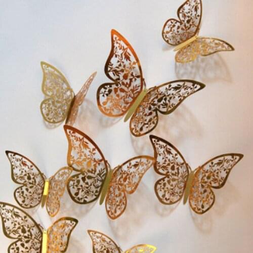 3D Holle Gouden Vlinder Muurstickers DIY Koelkast Decals Glitter Art Muurschilderingen voor Muur Of Party Decoraties