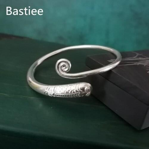 Bastiee 999 Sterling Silver Cuff Bracelets For Women Bangle Chinese Koi Carp Fish Vintage Ethnic Luxury Jewelry Adjustable