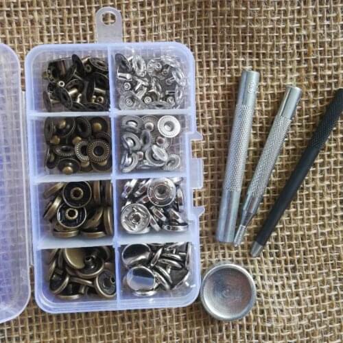Free Shipping 20set Brass Made Heavy Duty Snap Fasteners Silver/Antique brass 10mm 12mm 15mm 17mm Press Studs Buttons with Tool