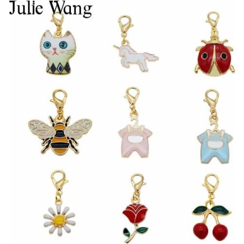 Julie Wang 4PCS 20 Styles Enamel Cat Bee Unicorn Dog Flower Colorful Keychain Alloy Charms Lobster Clasp Jewelry Making Decor
