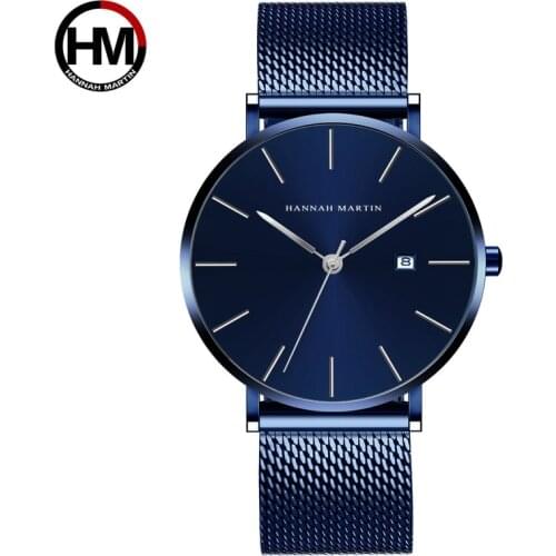 Hannah Martin Japan Mens Watch Dark Blue Japan Quartz Waterproof Stainless Steel Fashion Business Calendar Ultra-thin Watch