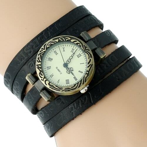 Gnova Platinum Genuine Leather women Watch Motivational Wrap Bracelet quartz wristwatch Retro Vintage Student School Hour