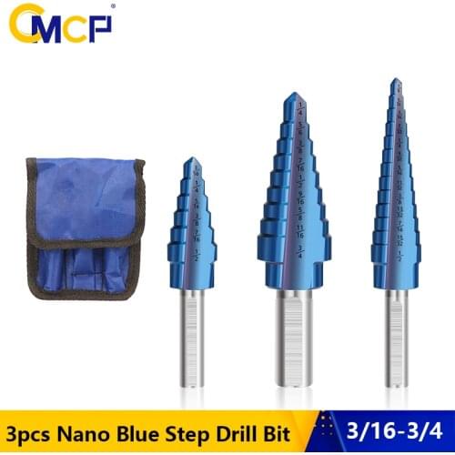 CMCP Step Cone Drill 3pcs 3/16-1/2,1/8-1/2,1/4-3/4 Step Drill Bit Nano Blue Coated Wood Hole Cutter Drilling Tool Metal Drills