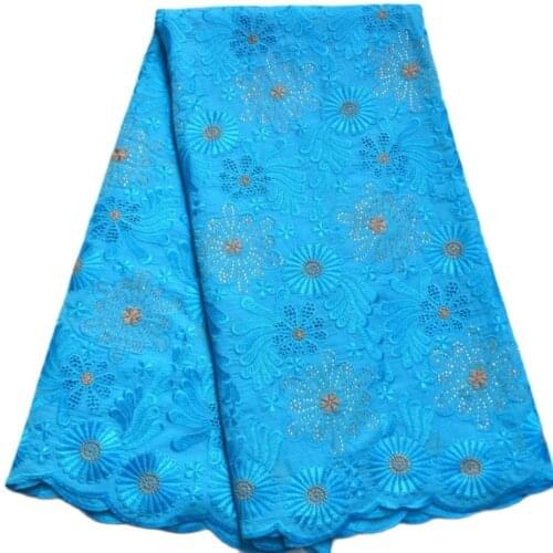Hot sale 5 Yards Blue High quality African Swiss Voile Lace with stones for wedding Cotton voile suisse dentelle Fabric-M15061