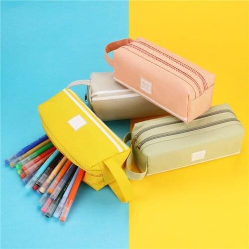 Kawaii Canvas Large Capacity Pencil Case Bags Double Zipper Pen Box Case Pouch Korean Creative School Office Stationary Supplies