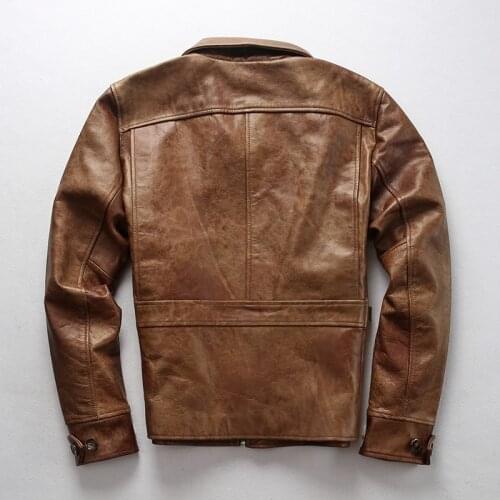 Mens vintage oil wax cow turn down collar casual coat men simple style brown real leather jacket male