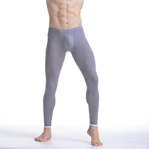 Men Long Johns Ultra-thin Ice Silk Transparent Tight Slim Trousers Underwear Pajamas Sleep Bottoms Gay Leggings Pants Undershirt