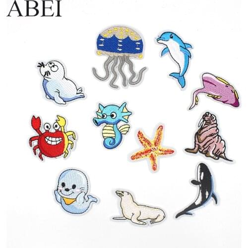12pcs/lot Mix marine animals Stickers Set Diy Embroidery Sea Fish Iron On Clothes Backpack Jeans Appliques Sewing Quality Patch