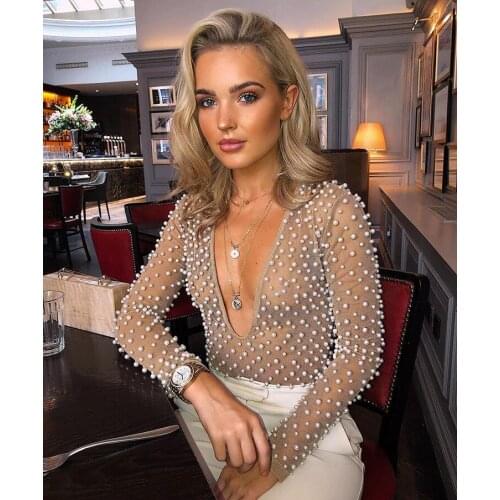 Newest Bodycon Bodysuit 2020 Vestidos Women Sexy Long Sleeve Mesh Beading Pearl High Street Designer Bodysuits