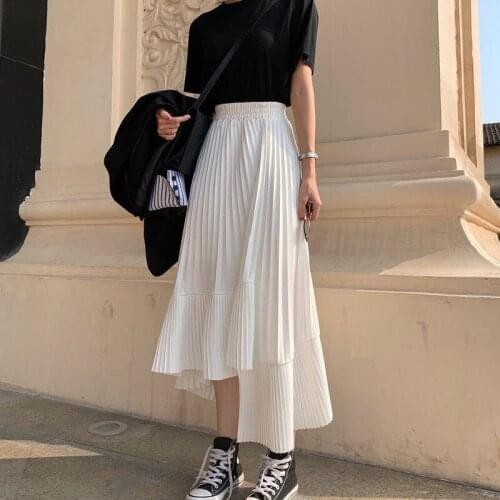 2021 Autumn New Korean Elegant Irregular High Waist Skirts Sweet Pleated Chiffon Skirt Ladies Black A-line Skirts Free Shipping