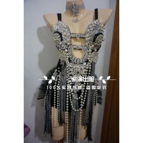 New nightclub DJDS bar stage dance gogo costume Black pearls jumpsuit sexy singer bikini