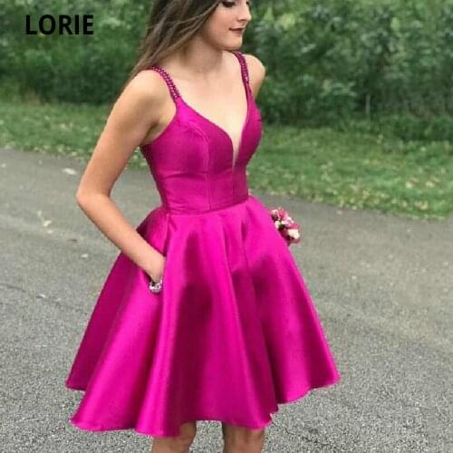 LORIE Spaghetti Strap Satin Homecoming Dresses Short Knee-Length V-neck Sleeveless Open Back Prom Party Gown with Pockets