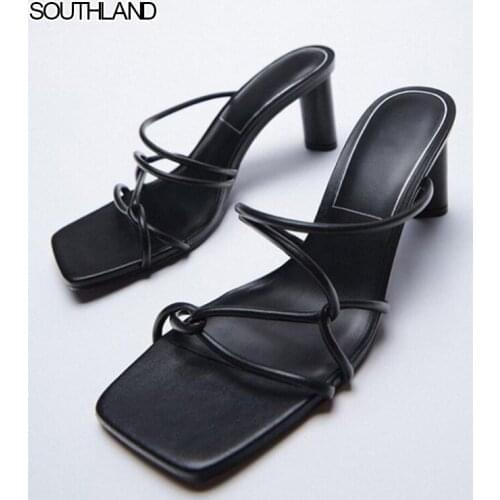 SOUTHLAND women High heels sandals women leather sandals women Slingback chunky heels shoes