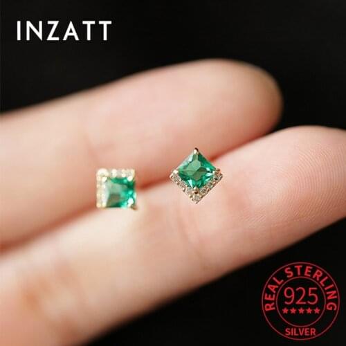 INZATT Real 925 Sterling Silver Zircon Green Crystal Square Stud Earrings For Women Cute Fine Jewelry Accessories Drop Shipping