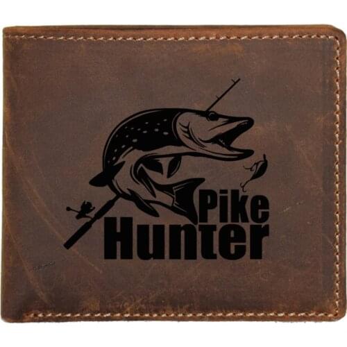 Pike Fishing Men Wallet FRID Blocking Card Holders Genuine Leather Small Coin Pocket Wallet Name Purse