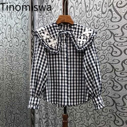 Tinomiswa Embroidery Peter Pan Collar Plaid Shirts Women Single Breasted Long Sleeve Blouse Autumn New 2021 Vintage Chic Tops