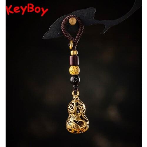 Pure Brass Vintage Hollow Fish Gourd Car Key Chain Pendants Woven Rope Keychain Hangings Jewelry Women Backpack Lucky Keyrings