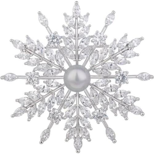 YAN MEI New Arrival White Gold Color Zircon Pearl Brooch Micro Paved Snowflake Brooches Pin Womens Jewelry GLX0152