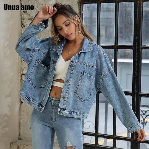 Unua amo Womens Denim Jacket Long Sleeve Pocket Cropped Jacket Top 2021 Autumn Fashion Casual Washed Blue Denim Coat Jean