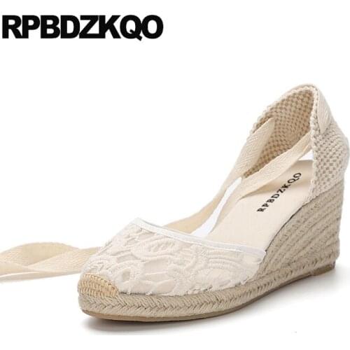 Large Size Famous Brand High Heels Tie Up Closed Toe Pumps Women Wedge Platform Sandals Strap Shoes Espadrilles White Lace Rope
