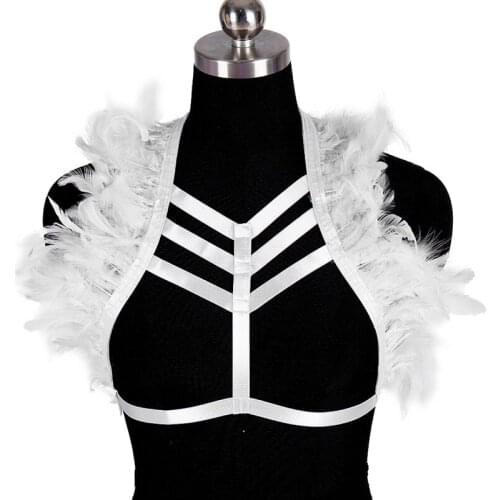 Women Feather Body Harness Belt Sexy Goth Harness Crop Top Chest Bondage Cage Bra Hollow Out Strappy Strappy Suspender Fetish