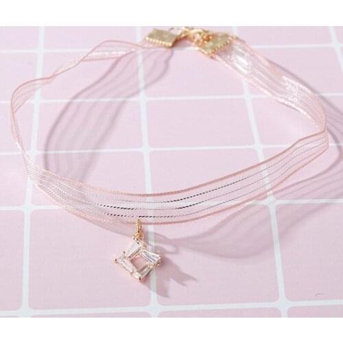 Pink Choker Lace Short Necklace For Woman Crystal Pendant Clavicle Chain Lovely Sweet Girls Jewelry Bijoux Wholesale