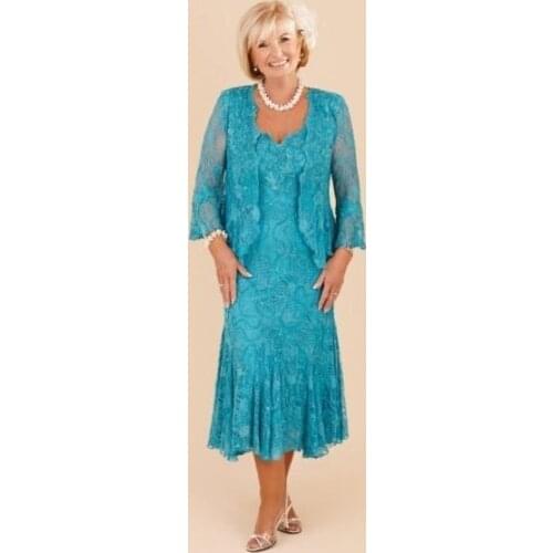 Turquoise Lace Mother of the Bride Dresses with Wrap Tea Length Wedding Party Gowns De Los papa Vestidos De Novia Madrinha