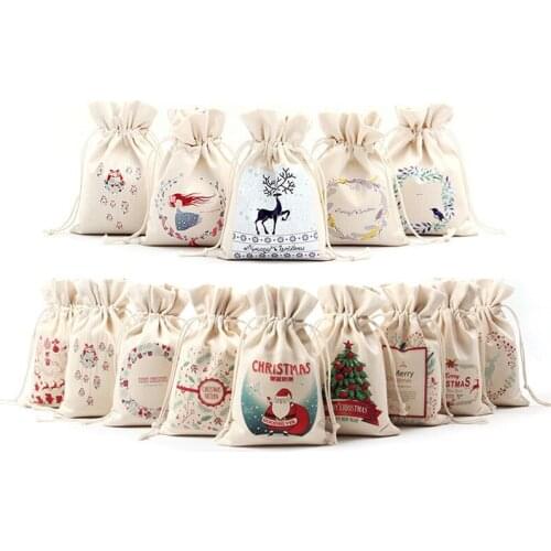 100pcs 16x23.5cm Christmas Candy Bag Canvas Gift Bags Santa Deer Elk Ride New Year Xmas For Kids Event Party Decor