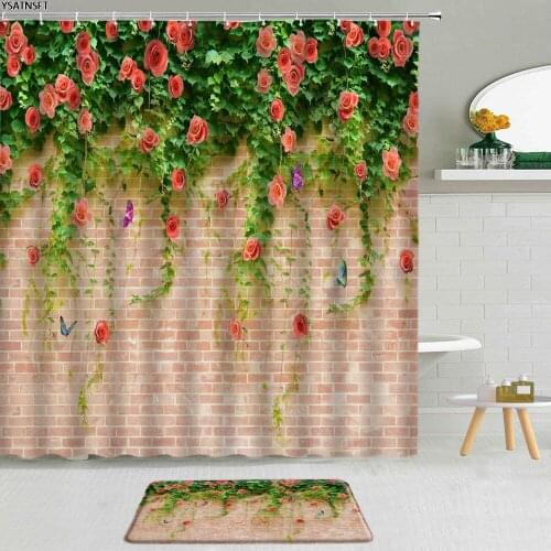 2Pcs Rose Flower Green Vine Shower Curtain Butterfly Stone Wall Background Hanging Curtains Decor Non-Slip Bath Mat Bathroom Set