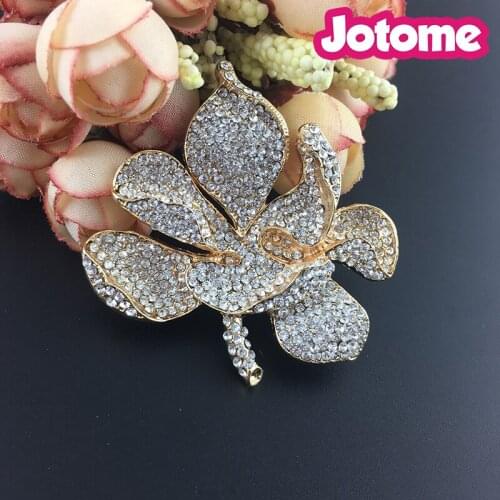 20pcs/lot 55mm customize crystal rhinestone plating gold and pink brooch rose flower brooch pin for party wedding