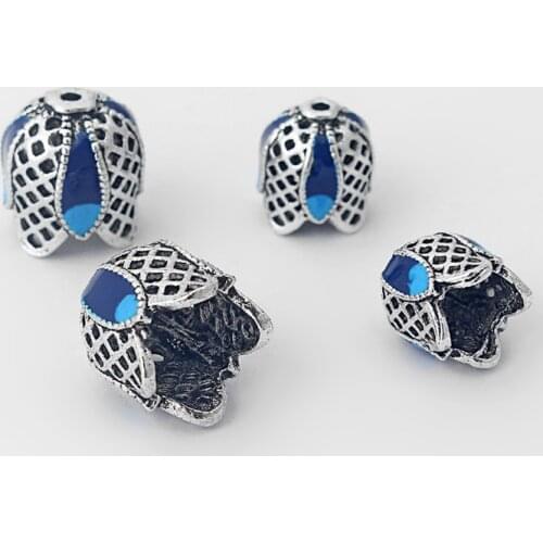 5pcs Enamel Inlay Blue Synthetic Resin End Cap Beads For Crimp Tassel Cap Bracelet Fashion Jewelry Findings