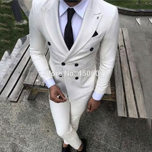 White Slim Fit Men Suits Casual Business Wedding Tuxedos Double Breasted Groom Wear Bridegroom Costume Homme 2Pcs Jacket Pants