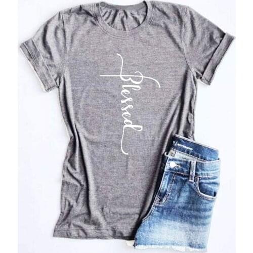 Blessed O-Neck Short Sleeve T-Shirt women fashion cross graphic Christian Religious believer cotton casual baptism shirt tee top