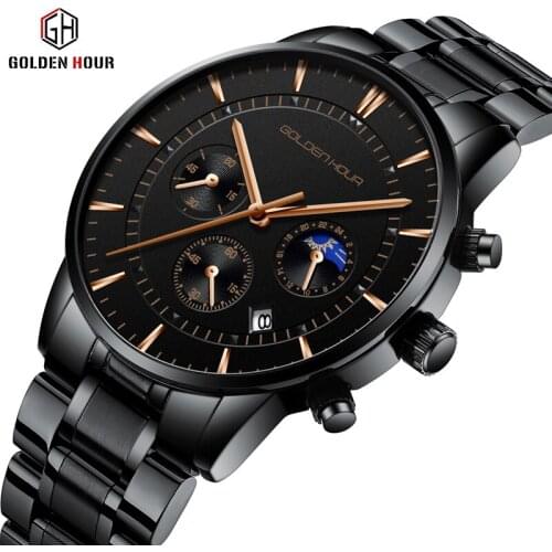 GOLDENHOUR Luxury Brand Mens Watches Full Steel Business Wristwatch Waterproof Quartz Men Watch Male Clock Relogio Masculino