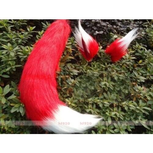 Anime Cosplay Long Fur Red White Fox Ear + plush tail 25.6" 65cm Party Halloween