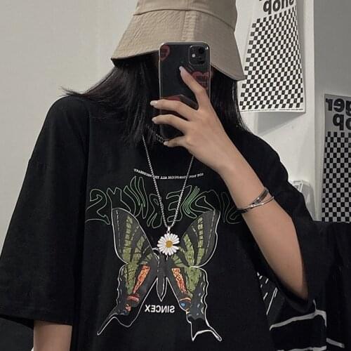 Punk Harajuku Casual Personality Letter Print Art Butterfly Hip Hop Tops Summer Streetwear Hipster Vintage Chic Women T-shirts