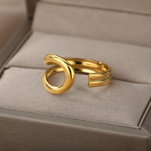 Geometry Hollow Open Wave Rings For Women Stainless Steel Gold Punk Irregular Exaggeration Resizable Ring Jewelry Accessories